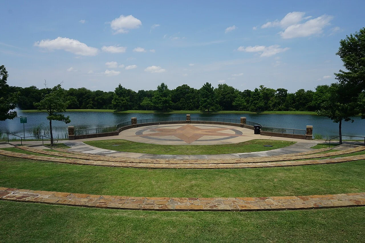 The amphitheater and terraced seating at Frisco Commons, photographed in June 2019