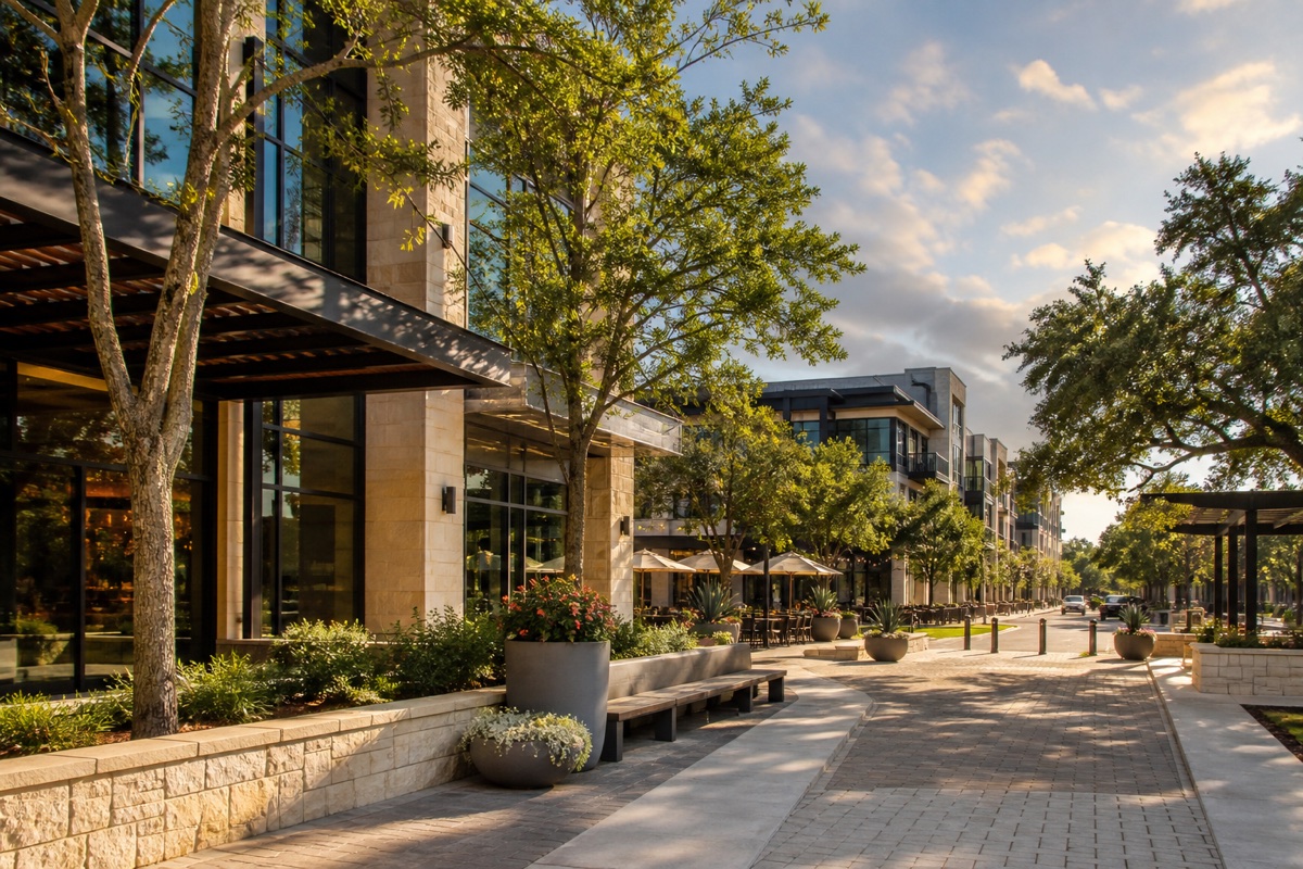 A polished Frisco mixed-use district with limestone architecture and mature trees