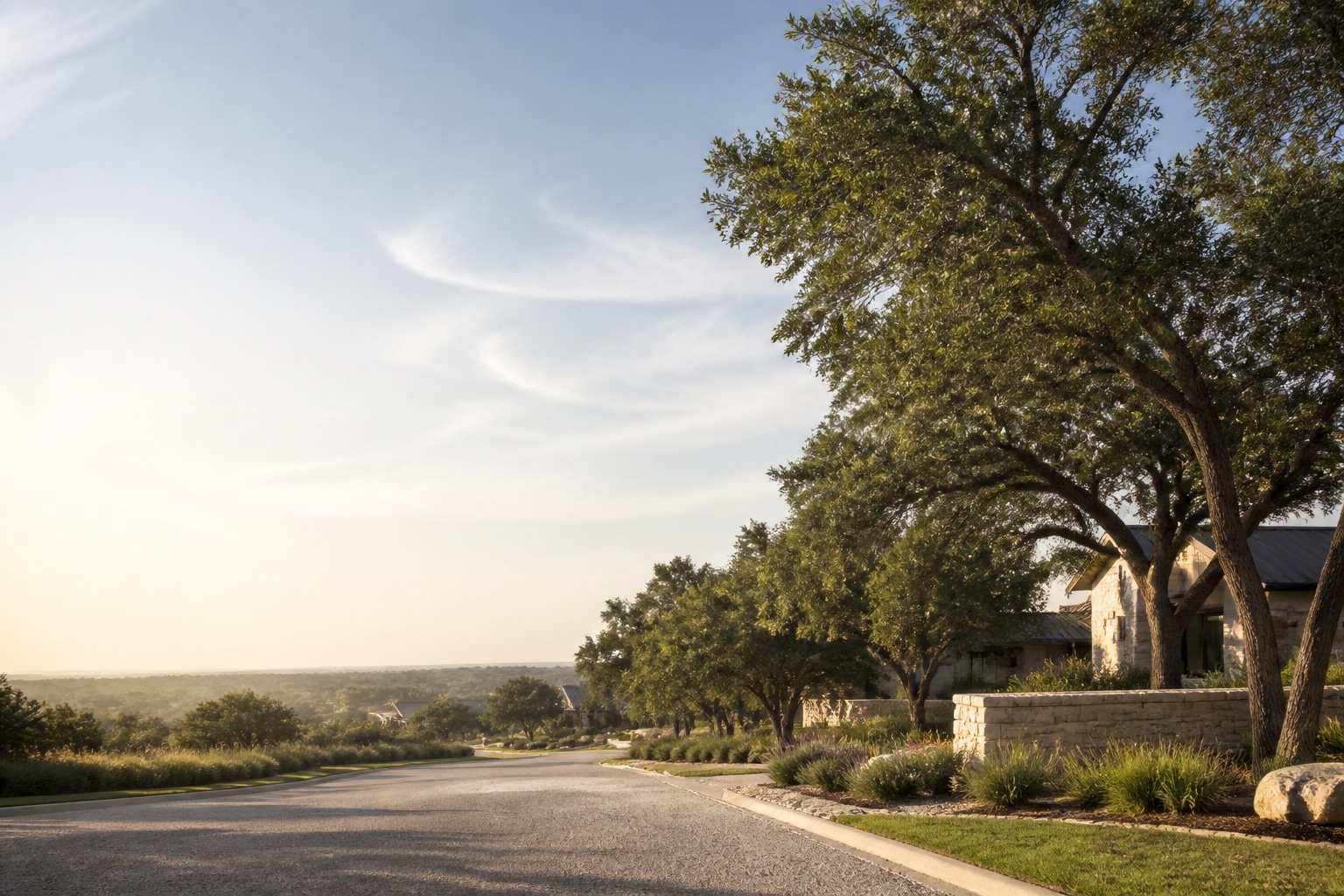 A North Texas neighborhood beneath mature live oaks